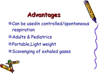 Advantages   Can be usedin controlled/spontaneous respiration Adults & Pediatrics  Portable,Light weight Scavenging of exhaled gases 