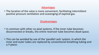 Advantages 
• The location of the valve is more convenient, facilitating intermittent 
positive pressure ventilation and scavenging of expired gas. 
Disadvantages 
• In common with other co-axial systems, if the inner tube becomes 
disconnected or breaks, the entire reservoir tube becomes dead-space. 
• This can be avoided by use of the 'parallel Lack' system, in which the 
inner and outer tubes are replaced by conventional breathing tubing and 
a Y-piece: 
 