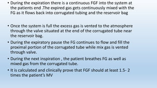 • During the expiration there is a continuous FGF into the system at 
the patients end .The expired gas gets continuously mixed with the 
FG as it flows back into corrugated tubing and the reservoir bag 
• Once the system is full the excess gas is vented to the atmosphere 
through the valve situated at the end of the corrugated tube near 
the reservoir bag. 
• During the expiratory pause the FG continues to flow and fill the 
proximal portion of the corrugated tube while mix gas is vented 
through valve. 
• During the next inspiration , the patient breathes FG as well as 
mixed gas from the corrugated tube. 
• It is calculated and clinically prove that FGF should at least 1.5- 2 
times the patient’s MV 
 
