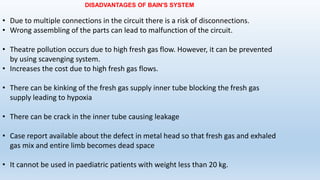 DISADVANTAGES OF BAIN'S SYSTEM 
• Due to multiple connections in the circuit there is a risk of disconnections. 
• Wrong assembling of the parts can lead to malfunction of the circuit. 
• Theatre pollution occurs due to high fresh gas flow. However, it can be prevented 
by using scavenging system. 
• Increases the cost due to high fresh gas flows. 
• There can be kinking of the fresh gas supply inner tube blocking the fresh gas 
supply leading to hypoxia 
• There can be crack in the inner tube causing leakage 
• Case report available about the defect in metal head so that fresh gas and exhaled 
gas mix and entire limb becomes dead space 
• It cannot be used in paediatric patients with weight less than 20 kg. 
 