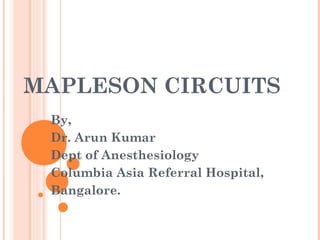 MAPLESON CIRCUITS 
By, 
Dr. Arun Kumar 
Dept of Anesthesiology 
Columbia Asia Referral Hospital, 
Bangalore. 
 