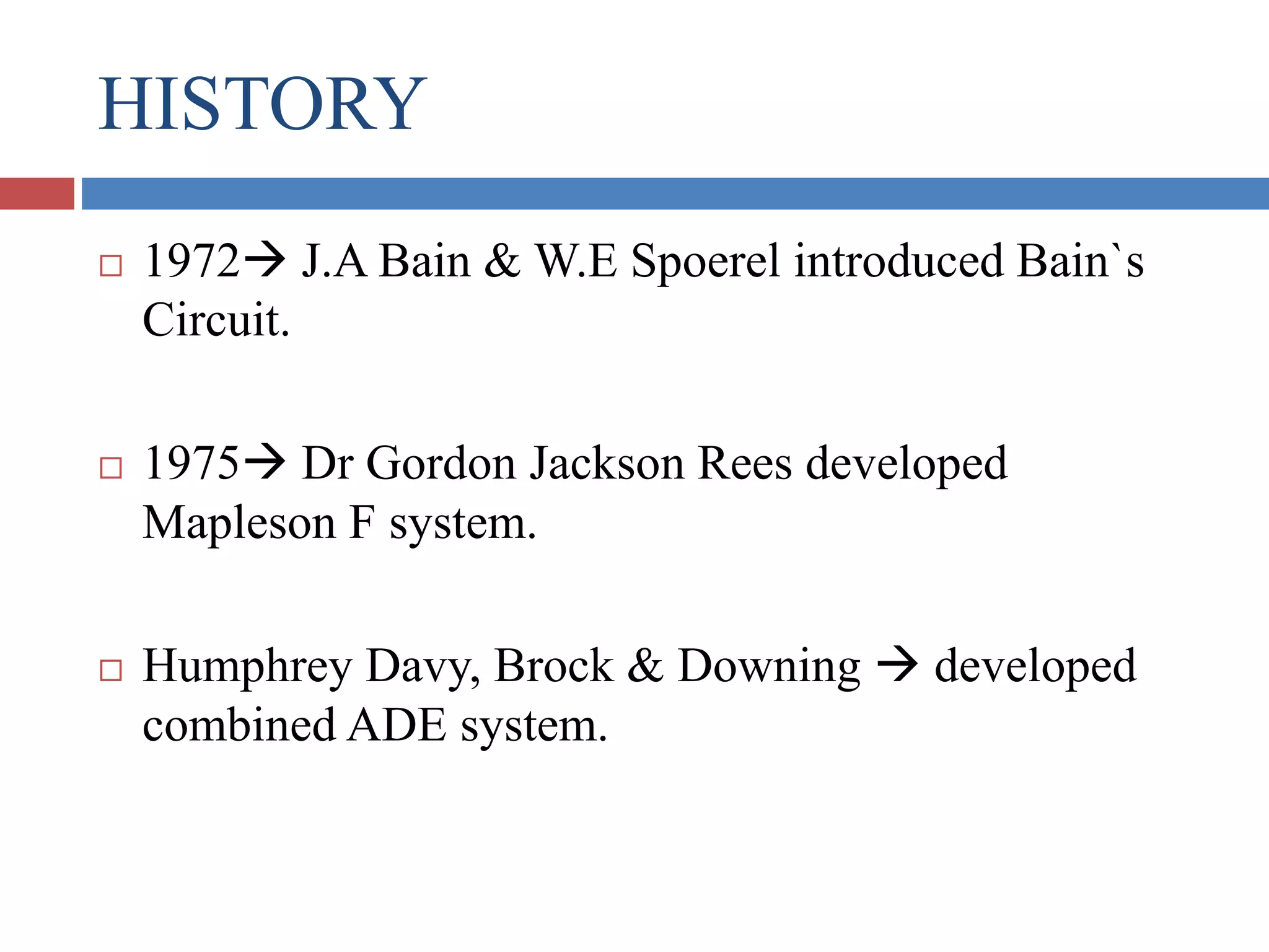HISTORY
 1972 J.A Bain & W.E Spoerel introduced Bain`s
Circuit.
 1975 Dr Gordon Jackson Rees developed
Mapleson F system.
 Humphrey Davy, Brock & Downing  developed
combined ADE system.
 