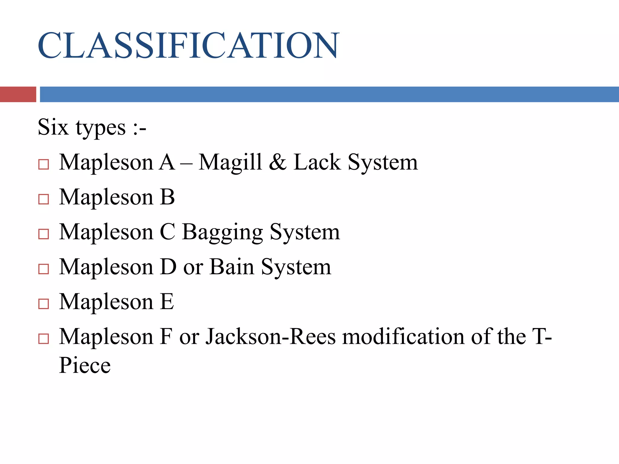 CLASSIFICATION
Six types :-
 Mapleson A – Magill & Lack System
 Mapleson B
 Mapleson C Bagging System
 Mapleson D or Bain System
 Mapleson E
 Mapleson F or Jackson-Rees modification of the T-
Piece
 