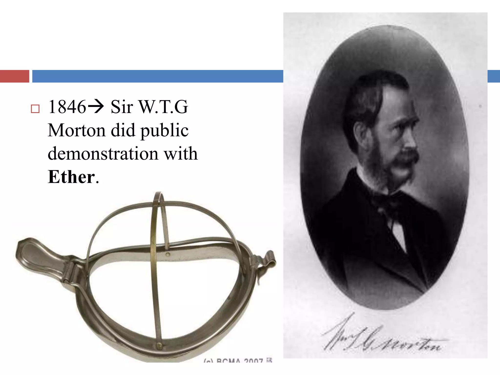  1846 Sir W.T.G
Morton did public
demonstration with
Ether.
 