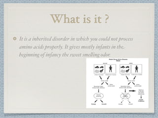 What is it ?
It is a inherited disorder in which you could not process
amino acids properly. It gives mostly infants in the
beginning of infancy the sweet sme%ing odor.
 