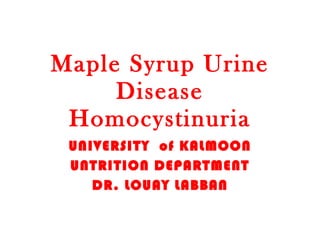 Maple Syrup Urine Disease Homocystinuria UNIVERSITY  of KALMOON UNTRITION DEPARTMENT DR. LOUAY LABBAN 