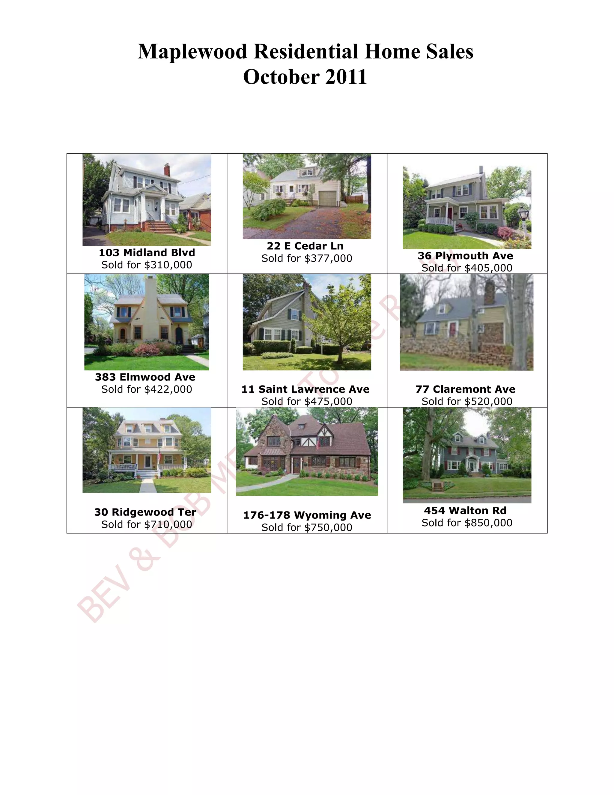 Maplewood NJ Real Estate Sales October 2011 PDF
