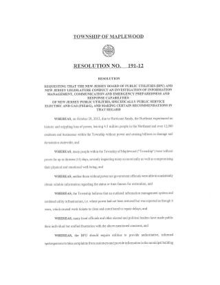 Maplewood Resolution Requesting BPU Investigation of NJ Utilities