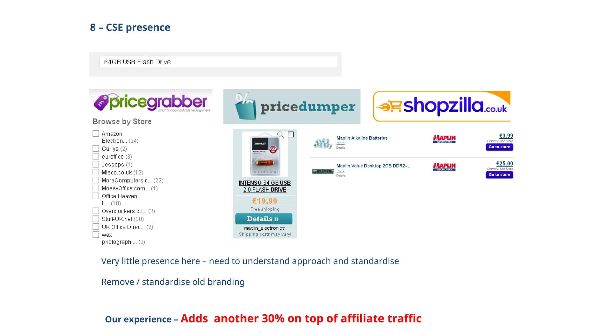 8 – CSE presence
Very little presence here – need to understand approach and standardise
Remove / standardise old branding
Our experience – Adds another 30% on top of affiliate traffic
 