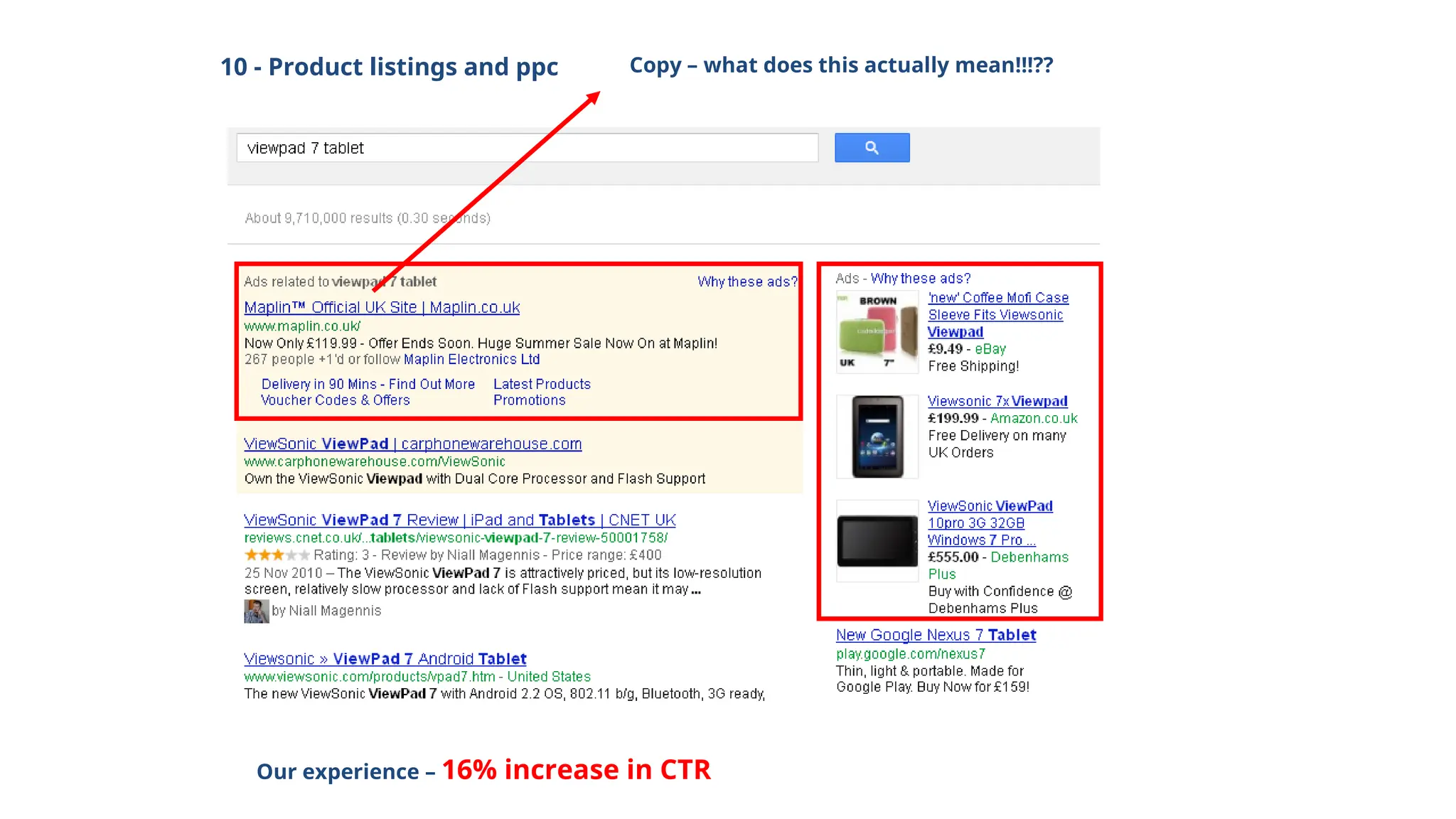 10 - Product listings and ppc
Our experience – 16% increase in CTR
Copy – what does this actually mean!!!??
 