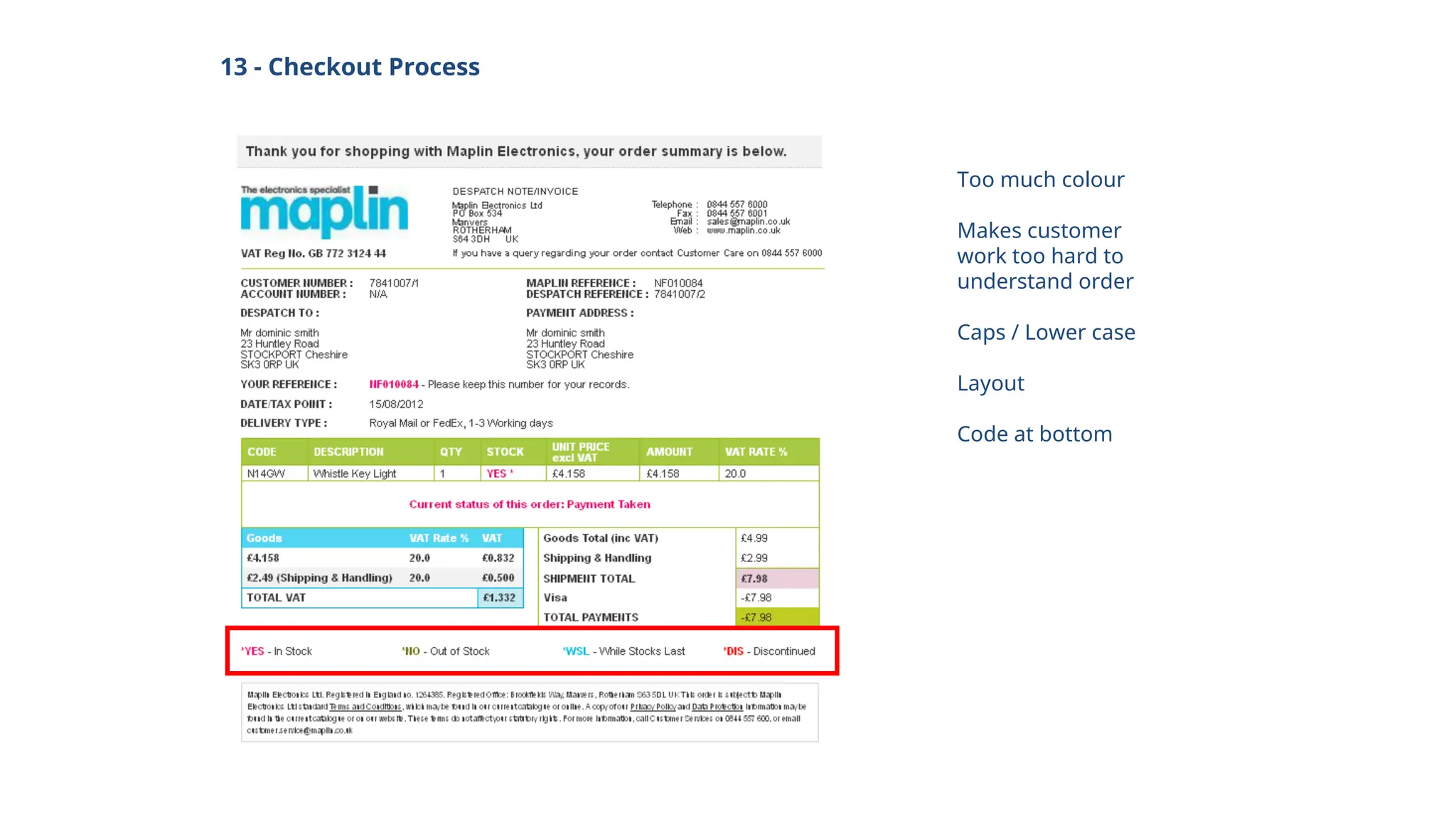 Too much colour
Makes customer
work too hard to
understand order
Caps / Lower case
Layout
Code at bottom
13 - Checkout Process
 
