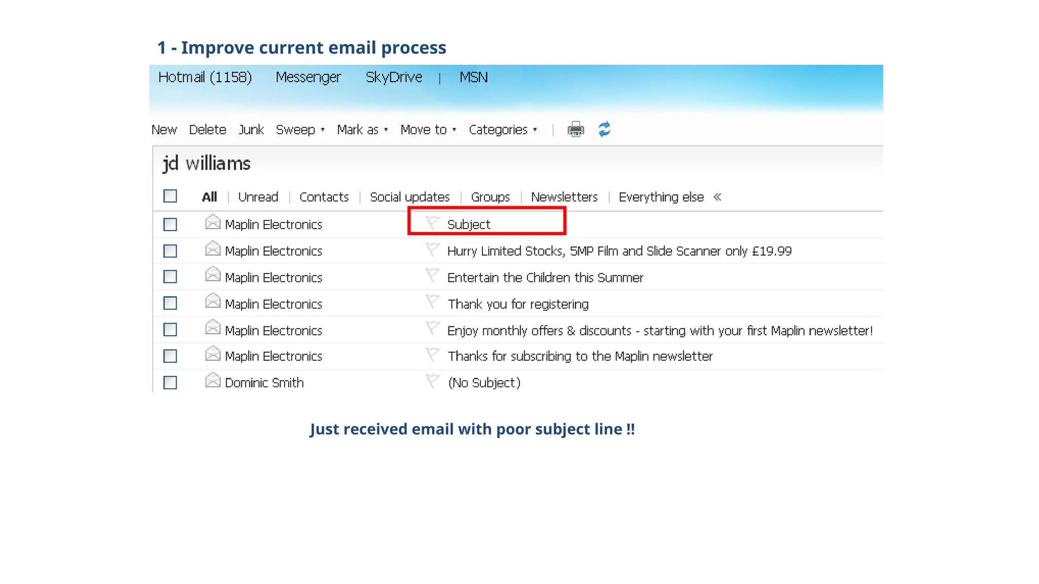 1 - Improve current email process
Just received email with poor subject line !!
 