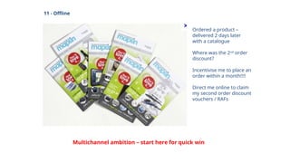 11 - Offline
Ordered a product –
delivered 2 days later
with a catalogue
Where was the 2nd
order
discount?
Incentivise me to place an
order within a month!!!!
Direct me online to claim
my second order discount
vouchers / RAFs
Multichannel ambition – start here for quick win
 