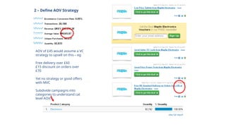 2 – Define AOV Strategy
AOV of £45 would assume a VC
strategy to upsell on this – eg
Free delivery over £60
£15 discount on orders over
£70
Yet no strategy or good offers
with MVC
Subdivide campaigns into
categories to understand cat
level AOVS
 