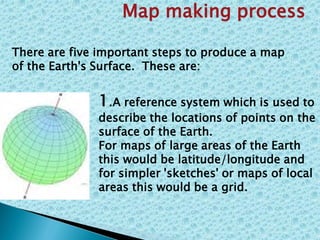There are five important steps to produce a map
of the Earth's Surface. These are:
Map making process
1.A reference system which is used to
describe the locations of points on the
surface of the Earth.
For maps of large areas of the Earth
this would be latitude/longitude and
for simpler 'sketches' or maps of local
areas this would be a grid.
 