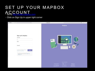 S E T U P Y O U R M A P B O X
A C C O U N T• Go to http://www.mapbox.com
• Click on Sign Up in upper right corner
 
