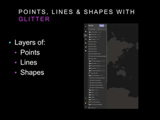 P O I N T S , L I N E S & S H A P E S W I T H
G L I T T E R
• Layers of:
• Points
• Lines
• Shapes
 