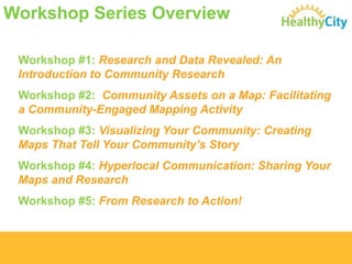 Workshop Series Overview
Workshop #1: Research and Data Revealed: An
Introduction to Community Research
Workshop #2: Community Assets on a Map: Facilitating
a Community-Engaged Mapping Activity
Workshop #3: Visualizing Your Community: Creating
Maps That Tell Your Community’s Story
Workshop #4: Hyperlocal Communication: Sharing Your
Maps and Research

Workshop #5: From Research to Action!

 