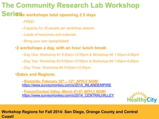 The Community Research Lab Workshop
Series workshops total spanning 2.5 days
•Five
–FREE!
–Capacity for 30 people per workshop session
–Loads of resources and materials

–Bring your own laptop/tablet!

•2 workshops a day, with an hour lunch break:
–Day One: Workshop #1 9:00am-12:00pm & Workshop #2 1:00pm-4:00pm
–Day Two: Workshop #3 9:00am-12:00pm & Workshop #4 1:00pm-4:00pm

–Day Three: Workshop #5 9:00am-12:00pm

•Dates and Regions:
–Riverside: February 10th – 12th APPLY NOW!
https://www.surveymonkey.com/s/2014_INLANDEMPIRE
–Fresno/Central Valley: March 4th-6th APPLY NOW!
https://www.surveymonkey.com/s/2014_CENTRALVALLEY

Workshop Regions for Fall 2014: San Diego, Orange County and Central
Coast!

 