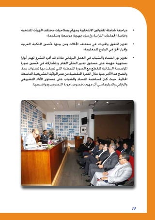 14
• 	‫املنتخبة‬ ‫الهيآت‬ ‫مختلف‬ ‫وصالحيات‬ ‫ومهام‬ ‫االنتخابية‬ ‫للقوانني‬ ‫شاملة‬ ‫مراجعة‬
‫ومتقدمة؛‬ ‫موسعة‬ ‫جهوية‬ ‫وإرساء‬ ‫الترابية‬ ‫اجلماعات‬ ‫وخاصة‬
• 	‫الفردية‬ ‫امللكية‬ ‫حتصني‬ ‫بينها‬ ‫ومن‬ ‫اجملاالت‬ ‫مختلف‬ ‫في‬ ‫واحلريات‬ ‫احلقوق‬ ‫تعزيز‬
‫للمعلومة؛‬ ‫الولوج‬ ‫في‬ ‫احلق‬ ‫وإقرار‬
• 	‫أدوارا‬ ‫لهم‬ ‫املشرع‬ ‫أفرد‬ ‫قد‬ ‫مادام‬ ‫البرملاني‬ ‫العمل‬ ‫في‬ ‫والشباب‬ ‫النساء‬ ‫دور‬ ‫تعزيز‬
‫صورة‬ ‫حتسني‬ ‫في‬ ‫واملشاركة‬ ،‫العام‬ ‫الشأن‬ ‫تدبير‬ ‫مستوى‬ ‫على‬ ‫مهمة‬ ‫دستورية‬
،‫عدة‬ ‫لسنوات‬ ‫بها‬ ‫لصقت‬ ‫التي‬ ‫النمطية‬ ‫الصورة‬ ‫مع‬ ‫للقطع‬ ‫البرملانية‬ ‫املؤسسة‬
‫التاسعة‬‫التشريعية‬‫الوالية‬‫عمر‬‫من‬‫املنقضية‬‫الفترة‬‫خالل‬‫جليا‬‫األمر‬‫هذا‬‫واتضح‬
‫التشريعي‬ ‫األداء‬ ‫مستوى‬ ‫على‬ ‫والشباب‬ ‫النساء‬ ‫ملساهمة‬ ‫كان‬ ‫حيث‬ ،‫احلالية‬
.‫ومواضيعها‬ ‫النصوص‬ ‫جودة‬ ‫بخصوص‬ ‫مهم‬ ‫أثر‬ ‫والدبلوماسي‬ ‫والرقابي‬
 