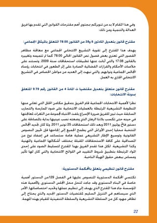 22
‫فريق‬ ‫بها‬ ‫تقدم‬ ‫التي‬ ‫القوانني‬ ‫مقترحات‬ ‫أهم‬ ‫مبحتوى‬ ‫تنويركم‬ ‫من‬ ‫بد‬ ‫ال‬ ‫املقام‬ ‫هذا‬ ‫وفي‬
:‫ذلك‬ ‫ومن‬ ‫والتنمية‬ ‫العدالة‬
:‫اجلماعي‬ ‫بامليثاق‬ ‫املتعلق‬ 78.00 ‫القانون‬ ‫من‬ 28‫و‬ 6 ‫املادتني‬ ‫بتعديل‬ ‫قانون‬ ‫مقترح‬
‫مظاهر‬ ‫معاجلة‬ ‫مع‬ ‫اجلماعي‬ ‫االنتخابي‬ ‫التشريع‬ ‫تقوية‬ ‫إلى‬ ‫املقترح‬ ‫هذا‬ ‫يهدف‬
‫وتغييره‬ ‫تتميمه‬ ‫مت‬ ‫كما‬ 78.00 ‫احلالي‬ ‫القانون‬ ‫نص‬ ‫فصول‬ ‫بعض‬ ‫تعتري‬ ‫التي‬ ‫القصور‬
‫على‬ ‫وتستند‬ .2009 ‫سنة‬ ‫استحقاقات‬ ‫تطبيقات‬ ‫عنها‬ ‫أبانت‬ ‫والتي‬ 17.08 ‫بالقانون‬
‫رؤساء‬ ‫انتخابات‬ ‫في‬ ‫الطعون‬ ‫إثر‬ ‫على‬ ‫الصادرة‬ ‫القضائية‬ ‫والقرارات‬ ‫األحكام‬ ‫خالصات‬
‫التشريع‬ ‫في‬ ‫اخلصاص‬ ‫مواطن‬ ‫من‬ ‫العديد‬ ‫إلى‬ ‫نبهت‬ ‫والتي‬ ،‫ونوابهم‬ ‫اجلماعية‬ ‫اجملالس‬
.‫العمل‬ ‫به‬ ‫اجلاري‬ ‫االنتخابي‬
‫املتعلق‬ 9.79 ‫رقم‬ ‫القانون‬ ‫من‬ 4 ‫املادة‬ ‫ت‬ ‫مقتضيا‬ ‫بتعديل‬ ‫متعلق‬ ‫قانون‬ ‫مقترح‬
:‫االنتخابات‬ ‫مبدونة‬
‫منها‬ ‫تعاني‬ ‫التي‬ ‫اخللل‬ ‫مكامن‬ ‫بتدقيق‬ ‫الفريق‬ ‫قام‬ ‫اجلماعية‬ ‫االنتخابات‬ ‫ألهمية‬ ‫نظرا‬
‫والتجارب‬ ‫املمارسة‬ ‫ضوء‬ ‫على‬ ‫االنتخابية‬ ‫بالعمليات‬ ‫املرتبطة‬ ‫التشريعية‬ ‫املنظومة‬
‫ملعاجلتها‬‫الثغرات‬ ‫من‬ ‫جملموعة‬‫االنتباه‬‫بلفت‬‫اإلسراع‬‫ضرورة‬ ‫للفريق‬‫تبني‬‫حيث‬‫السابقة‬
‫على‬ ‫باملصادقة‬ ‫بداية‬ ‫عينيها‬ ‫نصب‬ ‫وضعته‬ ‫الذي‬ ‫الرهان‬ ‫بالدنا‬ ‫تكسب‬ ‫حتى‬ ‫حينه‬ ‫في‬
‫اجملالس‬ ‫جتديد‬ ‫كان‬ ‫وملا‬ ،2011 ‫نونبر‬ 25 ‫استحقاقات‬ ‫ذلك‬ ‫وبعد‬ 2011 ‫يوليوز‬ ‫فاحت‬ ‫دستور‬
‫النصوص‬ ‫حتيني‬ ‫فإن‬ ‫إجناحها‬ ‫إلى‬ ‫اجلميع‬ ‫يطمح‬ ‫التي‬ ‫األوراش‬ ‫إحدى‬ ‫محليا‬ ‫املنتخبة‬
‫من‬ ‫نوع‬ ‫إضفاء‬ ‫في‬ ‫ستساعد‬ ‫هامة‬ ‫عملية‬ ‫التشريعي‬ ‫اإلطار‬ ‫وتوسيع‬ ‫القانونية‬
‫واملهنية‬ ‫اجلماعية‬ ‫أشكالها‬ ‫مبختلف‬ ‫املقبلة‬ ‫االستحقاقات‬ ‫كافة‬ ‫على‬ ‫املصداقية‬
‫إحدى‬ ‫على‬ ‫الضوء‬ ‫لتسليط‬ ‫املقترح‬ ‫بهذا‬ ‫الفريق‬ ‫تقدم‬ ‫هذا‬ ‫لكل‬ .‫التشريعية‬ ‫وكذا‬
‫تأثير‬ ‫لها‬ ‫كان‬ ‫والتي‬ ‫االنتخابية‬ ‫اللوائح‬ ‫في‬ ‫التقييد‬ ‫شروط‬ ‫بتطبيق‬ ‫املرتبطة‬ ‫املواد‬
.‫الناخبة‬ ‫الهيأة‬ ‫حقوق‬ ‫ببعض‬ ‫ومساس‬
:‫الدستورية‬ ‫باحملكمة‬ ‫يتعلق‬ ‫تنظيمي‬ ‫قانون‬ ‫مقترح‬
‫أهمية‬ ‫الدستور‬ ‫921من‬ ‫الفصل‬ ‫في‬ ‫عليها‬ ‫املنصوص‬ ‫الدستورية‬ ‫احملكمة‬ ‫تكتسي‬
‫هذه‬ ‫وألهمية‬ ،‫الدستوري‬ ‫اجمللس‬ ‫محل‬ ‫لتحل‬ ‫جاءت‬ ‫وقد‬ ‫الدستوري‬ ‫البناء‬ ‫في‬ ‫خاصة‬
‫األمر‬ ،‫اختصاصاتها‬ ‫وحتديد‬ ‫عملها‬ ‫تنظيم‬ ‫إلى‬ ‫يهدف‬ ‫الذي‬ ‫املقترح‬ ‫هذا‬ ‫جاء‬ ‫املؤسسة‬
‫إلى‬ ‫يحتاج‬ ‫والذي‬ ‫اجلديد‬ ‫الدستور‬ ‫ملقتضيات‬ ‫السليم‬ ‫التنزيل‬ ‫في‬ ‫سيساهم‬ ‫الذي‬
.‫املهمة‬ ‫بهذه‬ ‫للقيام‬ ‫التنفيذية‬ ‫والسلطة‬ ‫التشريعية‬ ‫السلطة‬ ‫من‬ ‫كل‬ ‫جهود‬ ‫تظافر‬
 