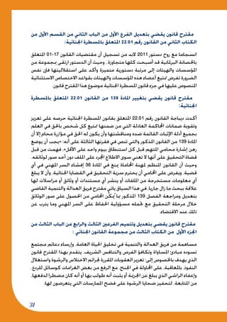 31
‫من‬ ‫األول‬ ‫القسم‬ ‫من‬ ‫الثاني‬ ‫الباب‬ ‫من‬ ‫األول‬ ‫الفرع‬ ‫بتعديل‬ ‫يقضي‬ ‫قانون‬ ‫مقترح‬
:‫اجلنائية‬ ‫باملسطرة‬ ‫املتعلق‬ 22.01 ‫رقم‬ ‫القانون‬ ‫من‬ ‫الثاني‬ ‫الكتاب‬
‫املتعلق‬ 01-17 ‫القانون‬ ‫مقتضيات‬ ‫أن‬ ‫تسجيل‬ ‫من‬ ‫البد‬ 2011 ‫دستور‬ ‫روح‬ ‫مع‬ ‫انسجاما‬
‫من‬ ‫مبجموعة‬ ‫ارتقى‬ ‫الدستور‬ ‫أن‬ ‫وحيث‬ ، ‫متجاوزة‬ ‫كلها‬ ‫أصبحت‬ ‫قد‬ ‫البرملانية‬ ‫باحلصانة‬
‫نفس‬ ‫فإن‬ ‫استقالليتها‬ ‫على‬ ‫وأكد‬ ‫متميزة‬ ‫دستورية‬ ‫مرتبة‬ ‫إلى‬ ‫والهيئات‬ ‫املؤسسات‬
‫االستثنائية‬ ‫االختصاص‬ ‫بقواعد‬ ‫والهيئات‬ ‫املؤسسات‬ ‫هذه‬ ‫أعضاء‬ ‫متتيع‬ ‫تفرض‬ ‫الضرورة‬
.‫قانون‬ ‫املقترح‬ ‫هذا‬ ‫موضوع‬ ‫اجلنائية‬ ‫املسطرة‬ ‫قانون‬ ‫جزء‬ ‫في‬ ‫عليها‬ ‫املنصوص‬
‫باملسطرة‬ ‫املتعلق‬ 22.01 ‫القانون‬ ‫من‬ 139 ‫املادة‬ ‫بتغيير‬ ‫يقضي‬ ‫قانون‬ ‫مقترح‬
:‫اجلنائية‬
‫تعزيز‬ ‫على‬ ‫حرصه‬ ‫اجلنائية‬ ‫املسطرة‬ ‫بقانون‬ ‫املتعلق‬ 22.01 ‫رقم‬ ‫القانون‬ ‫ديباجة‬ ‫أكدت‬
‫العلم‬ ‫في‬ ‫باحلق‬ ‫شخص‬ ‫كل‬ ‫متتيع‬ ‫ضمنها‬ ‫من‬ ‫التي‬ ‫العادلة‬ ‫احملاكمة‬ ‫ضمانات‬ ‫وتقوية‬
‫أن‬ ‫إال‬ ‫محام‬ ‫مؤازرة‬ ‫في‬ ‫احلق‬ ‫له‬ ‫يكون‬ ‫وأن‬ ‫ومناقشتها‬ ‫ضده‬ ‫القائمة‬ ‫اإلثبات‬ ‫أدلة‬ ‫بجميع‬
‫يوضع‬ ‫أن‬ ‫«يجب‬ :‫أنه‬ ‫على‬ ‫الثالثة‬ ‫فقرتها‬ ‫في‬ ‫تنص‬ ‫والتي‬ ‫املذكور‬ ‫القانون‬ ‫من‬ 139 ‫املادة‬
‫قبل‬ ‫من‬ ‫فهمت‬ ،»‫األقل‬ ‫على‬ ‫واحد‬ ‫بيوم‬ ‫استنطاق‬ ‫كل‬ ‫قبل‬ ‫املتهم‬ ‫محامي‬ ‫إشارة‬ ‫رهن‬
.‫لوثائقه‬ ‫صور‬ ‫أخد‬ ‫دون‬ ‫امللف‬ ‫على‬ ‫اجملرد‬ ‫االطالع‬ ‫سوى‬ ‫تعني‬ ‫ال‬ ‫أنها‬ ‫على‬ ‫التحقيق‬ ‫قضاة‬
‫أي‬ ‫في‬ ‫املهني‬ ‫السر‬ ‫إفشاء‬ 36 ‫املادة‬ ‫في‬ ‫مينع‬ ‫احملاماة‬ ‫ملهنة‬ ‫املنظم‬ ‫القانون‬ ‫أن‬ ‫وحيث‬
‫يبلغ‬ ‫ال‬ ‫وأن‬ ،‫اجلنائية‬ ‫القضايا‬ ‫في‬ ‫التحقيق‬ ‫سرية‬ ‫يحترم‬ ‫أن‬ ‫احملامي‬ ‫على‬ ‫ويفرض‬ ،‫قضية‬
‫لها‬ ‫مراسالت‬ ‫أو‬ ‫وثائق‬ ‫أو‬ ‫مستندات‬ ‫أي‬ ‫ينشر‬ ‫أو‬ ‫امللفات‬ ‫من‬ ‫مستخرجة‬ ‫معلومات‬ ‫أي‬
‫القاضي‬ ‫والتنمية‬ ‫العدالة‬ ‫فريق‬ ‫مقترح‬ ‫ياتي‬ ‫السياق‬ ‫هذا‬ ‫في‬ ،‫جاريا‬ ‫زال‬ ‫ما‬ ‫ببحث‬ ‫عالقة‬
‫الوثائق‬ ‫صور‬ ‫على‬ ‫احلصول‬ ‫من‬ ‫احملامي‬ ‫ِّن‬‫ك‬ُ‫يم‬ ‫مبا‬ ‫املذكور‬ 139 ‫الفصل‬ ‫ومراجعة‬ ‫بتعديل‬
‫عن‬ ‫يترب‬ ‫وما‬ ‫املهني‬ ‫السر‬ ‫على‬ ‫احلفاظ‬ ‫مسؤولية‬ ‫حتمله‬ ‫مع‬ ‫التحقيق‬ ‫مرحلة‬ ‫خالل‬
.‫االقتضاء‬ ‫عند‬ ‫ذلك‬
‫من‬ ‫الثالث‬ ‫الباب‬ ‫من‬ ‫والرابع‬ ‫الثالث‬ ‫الفرعني‬ ‫وتتميم‬ ‫بتعديل‬ ‫يقضي‬ ‫قانون‬ ‫مقترح‬
: ‫اجلنائي‬ ‫القانون‬ ‫مجموعة‬ ‫من‬ ‫الثالث‬ ‫الكتاب‬ ‫من‬ ‫األول‬ ‫اجلزء‬
‫مجتمع‬ ‫دعائم‬ ‫وإرساء‬ ،‫العامة‬ ‫احلياة‬ ‫تخليق‬ ‫في‬ ‫والتنمية‬ ‫العدالة‬ ‫فريق‬ ‫من‬ ‫مساهمة‬
‫قانون‬ ‫املقترح‬ ‫بهذا‬ ‫يتقدم‬ ،‫الشريف‬ ‫والتنافس‬ ‫الفرص‬ ‫وتكافؤ‬ ‫املساواة‬ ‫مبادئ‬ ‫تسوده‬
‫واستغالل‬ ‫والرشوة‬ ‫االختالس‬‫جلرائم‬‫املقررة‬‫العقوبات‬‫تعزيز‬:‫إلى‬‫باخلصوص‬‫يهدف‬‫الذي‬
.‫للردع‬ ‫كوسائل‬ ‫الغرامات‬ ‫بعض‬ ‫من‬ ‫الرفع‬ ‫مع‬ .‫اجلنح‬ ‫في‬ ‫احملاولة‬ ‫على‬ ،‫باملعاقبة‬ ،‫النفوذ‬
،‫لدفعها‬ ‫مضطرا‬ ‫كان‬ ‫أنه‬ ‫أو‬ ‫بها‬ ‫طولب‬ ‫أنه‬ ‫يثبت‬ ‫أو‬ ‫اجلرمية‬ ‫عن‬ ‫يبلغ‬ ‫الذي‬ ‫الراشي‬ ‫وإعفاء‬
.‫لها‬ ‫يتعرضون‬ ‫التي‬ ‫املمارسات‬ ‫فضح‬ ‫على‬ ‫الرشوة‬ ‫ضحايا‬ ‫لتحفيز‬ ،‫املتابعة‬ ‫من‬
 