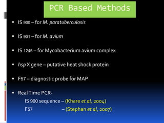 MAP in Sheep & Goat Raw Milk 104 sheep and goat milk sample analyzed in UK             PCR        -   1%(Grant et al, 2001)340 goat milk sample analyzed in Norway              IMS-PCR- 7.1 %(Djanneet al, 2003)In India, MAP isolated from milk and feces of infected goat                      (Singh and Vihan 2004)