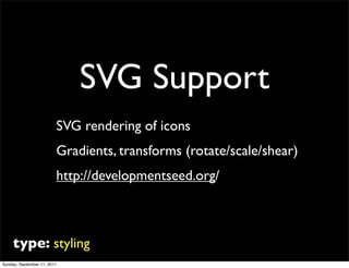 SVG Support
                         SVG rendering of icons
                         Gradients, transforms (rotate/scale/s...