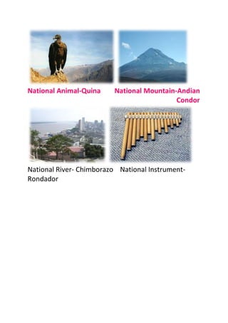 National Animal-Quina    National Mountain-Andian
                                           Condor




National River- Chimborazo National Instrument-
Rondador
 