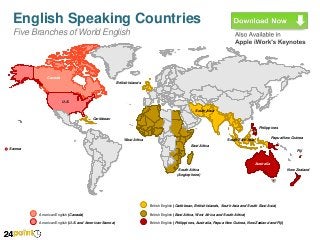 English Speaking Countries
Five Branches of World English
British English (Caribbean, British Islands, South Asia and South East Asia)
British English (East Africa, West Africa and South Africa)American English (Canada)
American English (U.S. and American Samoa) British English (Philippines, Australia, Papua New Guinea, New Zealand and Fiji)
Canada
U.S.
Caribbean
British Islands
West Africa
East Africa
South Africa
(Anglophone)
South Asia
South East Asia
Philippines
Australia
New Zealand
Fiji
Papua New Guinea
Samoa
 