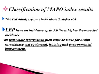 The red band, exposure index above 5, higher risk
LBP have an incidence up to 5.6 times higher the expected
incidence
an immediate intervention plan must be made for health
surveillance, aid equipment, training and environmental
improvement.
 