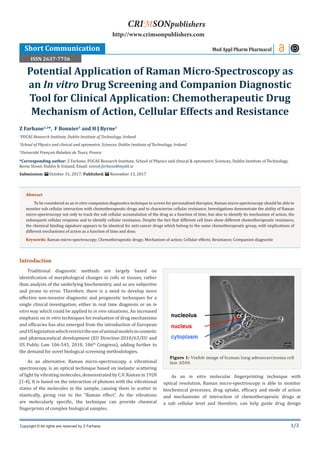Crimson Publishers-Potential Application of Raman Micro-Spectroscopy as an In vitro Drug Screening and Companion Diagnostic Tool for Clinical Application: Chemotherapeutic Drug Mechanism of Action, Cellular Effects and Resistance