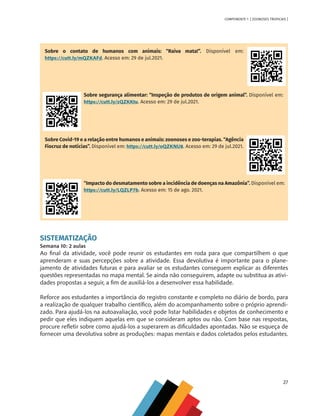 27
COMPONENTE 1 [ ZOONOSES TROPICAIS ]
Sobre o contato de humanos com animais: “Raiva mata!”. Disponível em:
https://cutt.ly/mQZKAFd. Acesso em: 29 de jul.2021.
Sobre segurança alimentar: “Inspeção de produtos de origem animal”. Disponível em:
https://cutt.ly/zQZKKtu. Acesso em: 29 de jul.2021.
Sobre Covid-19 e a relação entre humanos e animais: zoonoses e zoo-terapias. “Agência
Fiocruz de notícias”. Disponível em: https://cutt.ly/oQZKNU8. Acesso em: 29 de jul.2021.
“Impacto do desmatamento sobre a incidência de doenças na Amazônia”. Disponível em:
https://cutt.ly/LQZLP7b. Acesso em: 15 de ago. 2021.
SISTEMATIZAÇÃO
Semana 10: 2 aulas
Ao final da atividade, você pode reunir os estudantes em roda para que compartilhem o que
aprenderam e suas percepções sobre a atividade. Essa devolutiva é importante para o plane-
jamento de atividades futuras e para avaliar se os estudantes conseguem explicar as diferentes
questões representadas no mapa mental. Se ainda não conseguirem, adapte ou substitua as ativi-
dades propostas a seguir, a fim de auxiliá-los a desenvolver essa habilidade.
Reforce aos estudantes a importância do registro constante e completo no diário de bordo, para
a realização de qualquer trabalho científico, além do acompanhamento sobre o próprio aprendi-
zado. Para ajudá-los na autoavaliação, você pode listar habilidades e objetos de conhecimento e
pedir que eles indiquem aquelas em que se consideram aptos ou não. Com base nas respostas,
procure refletir sobre como ajudá-los a superarem as dificuldades apontadas. Não se esqueça de
fornecer uma devolutiva sobre as produções: mapas mentais e dados coletados pelos estudantes.
MAPPA_CNT_MAT_UC_aguas-V8.indd 27
MAPPA_CNT_MAT_UC_aguas-V8.indd 27 26/11/21 18:12
26/11/21 18:12
 