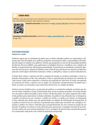 79
COMPONENTE 3 [ ESTATÍSTICA NA SAÚDE PÚBLICA E MEIO AMBIENTE ]
SAIBA MAIS
Professor, caso seja necessária uma retomada com os estudantes sobre os conceitos da Estatística Descri-
tiva, você poderá enriquecer este momento, consulte:
Estatística Descritiva. Disponível em: https://cutt.ly/TWCy4aZ. Acesso em: 09 ago. 2021.
Introdução à Estatística Descritiva. Disponível em: https://cutt.ly/tWCuyVm. Acesso em:
09 ago. 2021.
SISTEMATIZAÇÃO
Semana 16: 4 aulas
Professor, agora que os estudantes já sabem que os dados coletados podem ser organizados e dis-
postos, por meio de tabelas e/ou gráficos, proponha uma pesquisa sobre a apresentação e formata-
ção dos dados em tabelas e/ou gráficos. Oriente que pesquisem as normas da Associação Brasileira
de Normas Técnicas (ABNT), que padronizem os trabalhos técnicos e científicos com o objetivo de
facilitar a compreensão das informações apresentadas. É possível que os estudantes conheçam algu-
mas das normas para o traçado de tabelas, como o fato de que elas devem ser abertas nas laterais e
precisam conter alguns elementos essenciais: o título, o cabeçalho, o corpo e a coluna indicadora etc.
O título deve indicar a natureza do fato a respeito do estudo, as variáveis analisadas, o local e o
período relacionados ao fato. No cabeçalho, é feita a especificação da natureza do conteúdo de
cada coluna. Cada coluna especifica a natureza do conteúdo de cada linha. O corpo corresponde
ao conjunto de linhas e colunas com os dados. Os elementos complementares da tabela são a
fonte, as notas e as chamadas, esses elementos devem ficar no rodapé da tabela.
Existem normas também para a construção de gráficos, os estudantes poderão constatar que de-
vem ter título completo e escala. O título pode estar acima ou abaixo do gráfico. As escalas devem
ser crescentes e abaixo do gráfico, deve constar a fonte dos dados. Os outros aspectos são os dife-
rentes gráficos para representar os dados coletados. Os gráficos mais utilizados são: o histograma,
o gráfico em barras (ou em colunas), o gráfico em linhas e o gráfico em setores. O histograma
é mais indicado para dados que são apresentados em tabelas de distribuição de frequências. Já
o gráfico em barras (ou em colunas) é apropriado para dados que consistem em contagens. En-
quanto o gráfico em linhas é indicado para acompanhamento de uma variável ao longo de um
período. O gráfico em setores é muito utilizado para representar a contagem do total de ocorrên-
cias dos valores de uma variável qualitativa, com a vantagem de permitir que visualmente possam
ser comparadas cada parte com o total da população pesquisada.
MAPPA_CNT_MAT_UC_aguas-V8.indd 79
MAPPA_CNT_MAT_UC_aguas-V8.indd 79 26/11/21 18:12
26/11/21 18:12
 