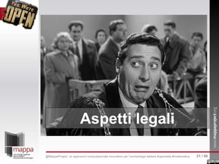 Aspetti legali
21 / 59@MappaProject: un approccio computazionale innovativo per l’archeologia italiana #opendata #matematica
 