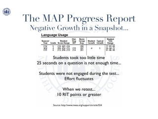 The MAP Progress Report
Negative Growth in a Snapshot...
Source: http://www.nwea.org/support/article/554
Students took too little time
25 seconds on a question is not enough time...
Students were not engaged during the test...
Effort ﬂuctuates
When we retest...
10 RIT points or greater
 