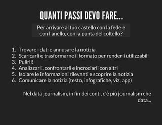 QUANTI	PASSI	DEVO	FARE...
Per	arrivare	al	tuo	castello	con	la	fede	e
con	l'anello,	con	la	punta	del	coltello?
1.	
2.	
3.	
4.	
5.	
6.	

Trovare	i	dati	e	annusare	la	notizia
Scaricarli	e	trasformarne	il	formato	per	renderli	utilizzabili
Pulirli!
Analizzarli,	confrontarli	e	incrociarli	con	altri
Isolare	le	informazioni	rilevanti	e	scoprire	la	notizia
Comunicare	la	notizia	(testo,	infografiche,	viz,	app)
Nel	data	journalism,	in	fin	dei	conti,	c'è	più	journalism	che
data...

 