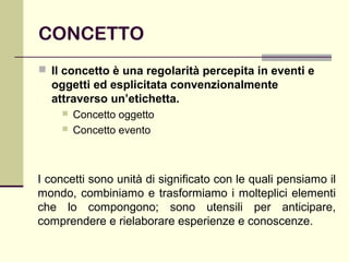 CONCETTO
 Il concetto è una regolarità percepita in eventi e
oggetti ed esplicitata convenzionalmente
attraverso un’etichetta.
 Concetto oggetto
 Concetto evento
I concetti sono unità di significato con le quali pensiamo il
mondo, combiniamo e trasformiamo i molteplici elementi
che lo compongono; sono utensili per anticipare,
comprendere e rielaborare esperienze e conoscenze.
 