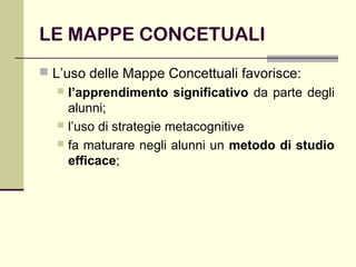 LE MAPPE CONCETUALI
 L’uso delle Mappe Concettuali favorisce:
 l’apprendimento significativo da parte degli
alunni;
 l’uso di strategie metacognitive
 fa maturare negli alunni un metodo di studio
efficace;
 