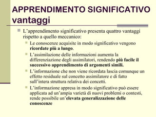 APPRENDIMENTO SIGNIFICATIVO
vantaggi
 L’apprendimento significativo presenta quattro vantaggi
rispetto a quello meccanico:
 Le conoscenze acquisite in modo significativo vengono
ricordate più a lungo.
 L’assimilazione delle informazioni aumenta la
differenziazione degli assimilatori, rendendo più facile il
successivo apprendimento di argomenti simili.
 L’informazione che non viene ricordata lascia comunque un
effetto residuale sul concetto assimilatore e di fatto
sull’intera struttura relativa dei concetti.
 L’informazione appresa in modo significativo può essere
applicata ad un’ampia varietà di nuovi problemi o contesti,
rende possibile un’elevata generalizzazione delle
conoscenze
 