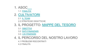1. ASOC
1.1 FINALITA’
2. CULTIVATORI
2.1 IL TEAM
2.2 STRATEGIE DIDATTICHE
3. IL PROGETTO: MAPPE DEL TESORO
3.1 OBIETTIVI
3.2 DATI FINANZIARI
3.3 I 20 ITINERARI
4. IL PERCORSO DEL NOSTRO LAVORO
4.1 PROBLEMI RISCONTRATI
4.2 FINALITÀ
 