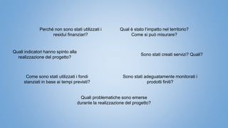 Quali indicatori hanno spinto alla
realizzazione del progetto?
Come sono stati utilizzati i fondi
stanziati in base ai tempi previsti?
Quali problematiche sono emerse
durante la realizzazione del progetto?
Sono stati creati servizi? Quali?
Qual è stato l’impatto nel territorio?
Come si può misurare?
Sono stati adeguatamente monitorati i
prodotti finiti?
Perché non sono stati utilizzati i
residui finanziari?
 