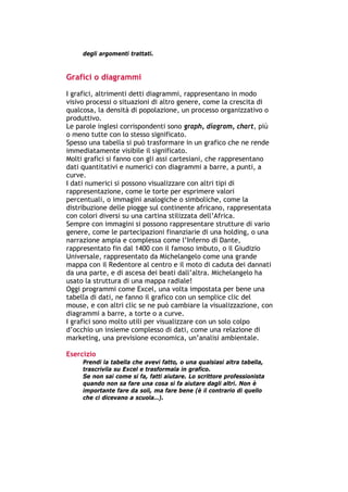 degli argomenti trattati.



Grafici o diagrammi
I grafici, altrimenti detti diagrammi, rappresentano in modo
visivo processi o situazioni di altro genere, come la crescita di
qualcosa, la densità di popolazione, un processo organizzativo o
produttivo.
Le parole inglesi corrispondenti sono graph, diagram, chart, più
o meno tutte con lo stesso significato.
Spesso una tabella si può trasformare in un grafico che ne rende
immediatamente visibile il significato.
Molti grafici si fanno con gli assi cartesiani, che rappresentano
dati quantitativi e numerici con diagrammi a barre, a punti, a
curve.
I dati numerici si possono visualizzare con altri tipi di
rappresentazione, come le torte per esprimere valori
percentuali, o immagini analogiche o simboliche, come la
distribuzione delle piogge sul continente africano, rappresentata
con colori diversi su una cartina stilizzata dell’Africa.
Sempre con immagini si possono rappresentare strutture di vario
genere, come le partecipazioni finanziarie di una holding, o una
narrazione ampia e complessa come l’Inferno di Dante,
rappresentato fin dal 1400 con il famoso imbuto, o il Giudizio
Universale, rappresentato da Michelangelo come una grande
mappa con il Redentore al centro e il moto di caduta dei dannati
da una parte, e di ascesa dei beati dall’altra. Michelangelo ha
usato la struttura di una mappa radiale!
Oggi programmi come Excel, una volta impostata per bene una
tabella di dati, ne fanno il grafico con un semplice clic del
mouse, e con altri clic se ne può cambiare la visualizzazione, con
diagrammi a barre, a torte o a curve.
I grafici sono molto utili per visualizzare con un solo colpo
d’occhio un insieme complesso di dati, come una relazione di
marketing, una previsione economica, un’analisi ambientale.

Esercizio
        Prendi la tabella che avevi fatto, o una qualsiasi altra tabella,
        trascrivila su Excel e trasformala in grafico.
        Se non sai come si fa, fatti aiutare. Lo scrittore professionista
        quando non sa fare una cosa si fa aiutare dagli altri. Non è
        importante fare da soli, ma fare bene (è il contrario di quello
        che ci dicevano a scuola…).




-----------------------------------------------------------------------------------------------------------
            Mappe mentali e scrittura, di Umberto Santucci – I quaderni del MdS
                                                        - 22 -
 