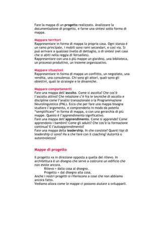 Fare la mappa di un progetto realizzato. Analizzare la
documentazione di progetto, e farne una sintesi sotto forma di
mappa.

Mappare territori
Rappresentare in forma di mappa la propria casa. Ogni stanza è
un ramo principale, i mobili sono rami secondari, e così via. Si
può arrivare a qualsiasi livello di dettaglio, o di sintesi (nel caso
che si abiti nella reggia di Versailles).
Rappresentare con una o più mappe un giardino, una biblioteca,
un processo produttivo, un insieme organizzativo.

Mappare situazioni
Rappresentare in forma di mappa un conflitto, un negoziato, una
vendita, una consulenza. Chi sono gli attori, quali sono gli
obiettivi, quali le strategie e le dinamiche.

Mappare comportamenti
Fare una mappa dell’ascolto. Come si ascolta? Che cos’è
l’ascolto attivo? Che relazione c’è fra le tecniche di ascolto e
discipline come l’analisi transazionale o la Programmazione
Neurolinguistica (PNL). Ecco che per fare una mappa bisogna
studiare l’argomento, e comprenderlo in modo da poterlo
“semplificare” in forma di mappa, o con una gerarchia di più
mappe. Questo è l’apprendimento significativo.
Fare una mappa dell’apprendimento. Come si apprende? Come
apprendono i bambini? Come gli adulti? Che cos’è la formazione
continua? E l’autoapprendimento?
Fare una mappa della leadership. In che consiste? Quanti tipi di
leadership ci sono? Ha a che fare con il coaching? Autorità o
autorevolezza?


Mappe di progetto
Il progetto va in direzione opposta a quella del rilievo. In
architettura è un disegno che serve a costruire un edificio che
non esiste ancora.
       Rilievo = dalla cosa al disegno.
       Progetto = dal disegno alla cosa.
Anche i nostri progetti si riferiscono a cose che non abbiamo
ancora fatto.
Vediamo allora come le mappe ci possono aiutare a svilupparli.




-----------------------------------------------------------------------------------------------------------
            Mappe mentali e scrittura, di Umberto Santucci – I quaderni del MdS
                                                    - 35 -
 