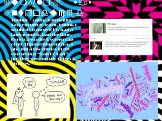 Tumblr. was IntroducedTumblr = online journaling. Easy enough to learn. I think I would do it more if I 1. had a laptop and b. had the time. Here is a wordle & screen cap of my Thisiswriting entries. I also did a few entries in my own section “Lah De Dah”, but they were mostly videos & pictures.