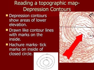 Reading a topographic map- Depression Contours Depression contours show areas of lower elevation. Drawn like contour lines with marks on the inside.  Hachure marks- tick marks on inside of closed circle. 
