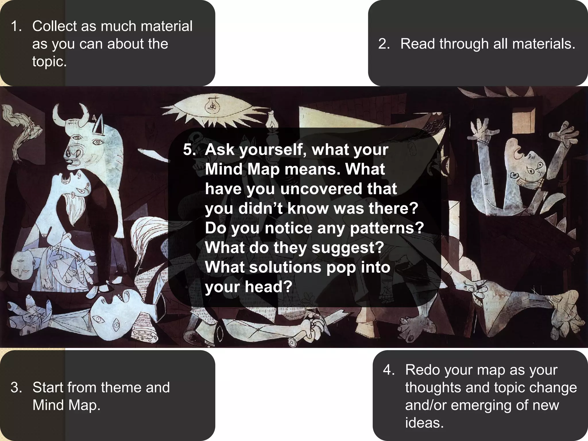 1. Collect as much material
   as you can about the                           2. Read through all materials.
   topic.




                          5. Ask yourself, what your
                             Mind Map means. What
                             have you uncovered that
                             you didn’t know was there?
                             Do you notice any patterns?
                             What do they suggest?
                             What solutions pop into
                             your head?




                                                  4. Redo your map as your
3. Start from theme and                              thoughts and topic change
   Mind Map.                                         and/or emerging of new
                                                     ideas.
 