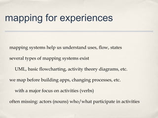 mapping for experiences

mapping systems help us understand uses, flow, states

several types of mapping systems exist

  ...