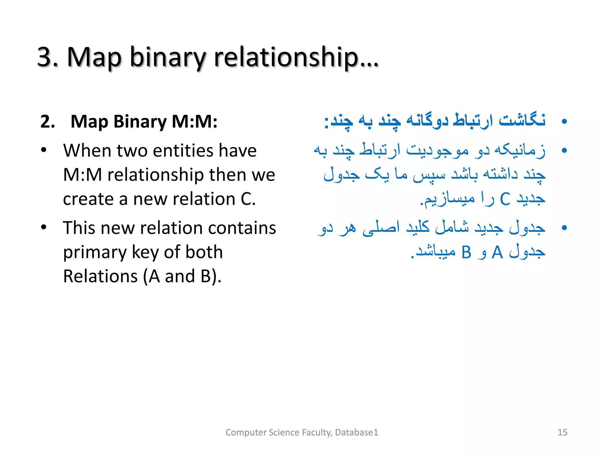 3. Map binary relationship…
2. Map Binary M:M:
• When two entities have
M:M relationship then we
create a new relation C.
• This new relation contains
primary key of both
Relations (A and B).
•‫دوگانه‬ ‫ارتباط‬ ‫نگاشت‬‫به‬ ‫چند‬‫چن‬‫د‬:
•‫ب‬ ‫چند‬ ‫ارتباط‬ ‫موجودیت‬ ‫دو‬ ‫زمانیکه‬‫ه‬
‫جدو‬ ‫یک‬ ‫ما‬ ‫سپس‬ ‫باشد‬ ‫داشته‬ ‫چند‬‫ل‬
‫جدید‬C‫میسازیم‬ ‫را‬.
•‫د‬ ‫هر‬ ‫اصلی‬ ‫کلید‬ ‫شامل‬ ‫جدید‬ ‫جدول‬‫و‬
‫جدول‬A‫و‬B‫میباشد‬.
Computer Science Faculty, Database1 15
 
