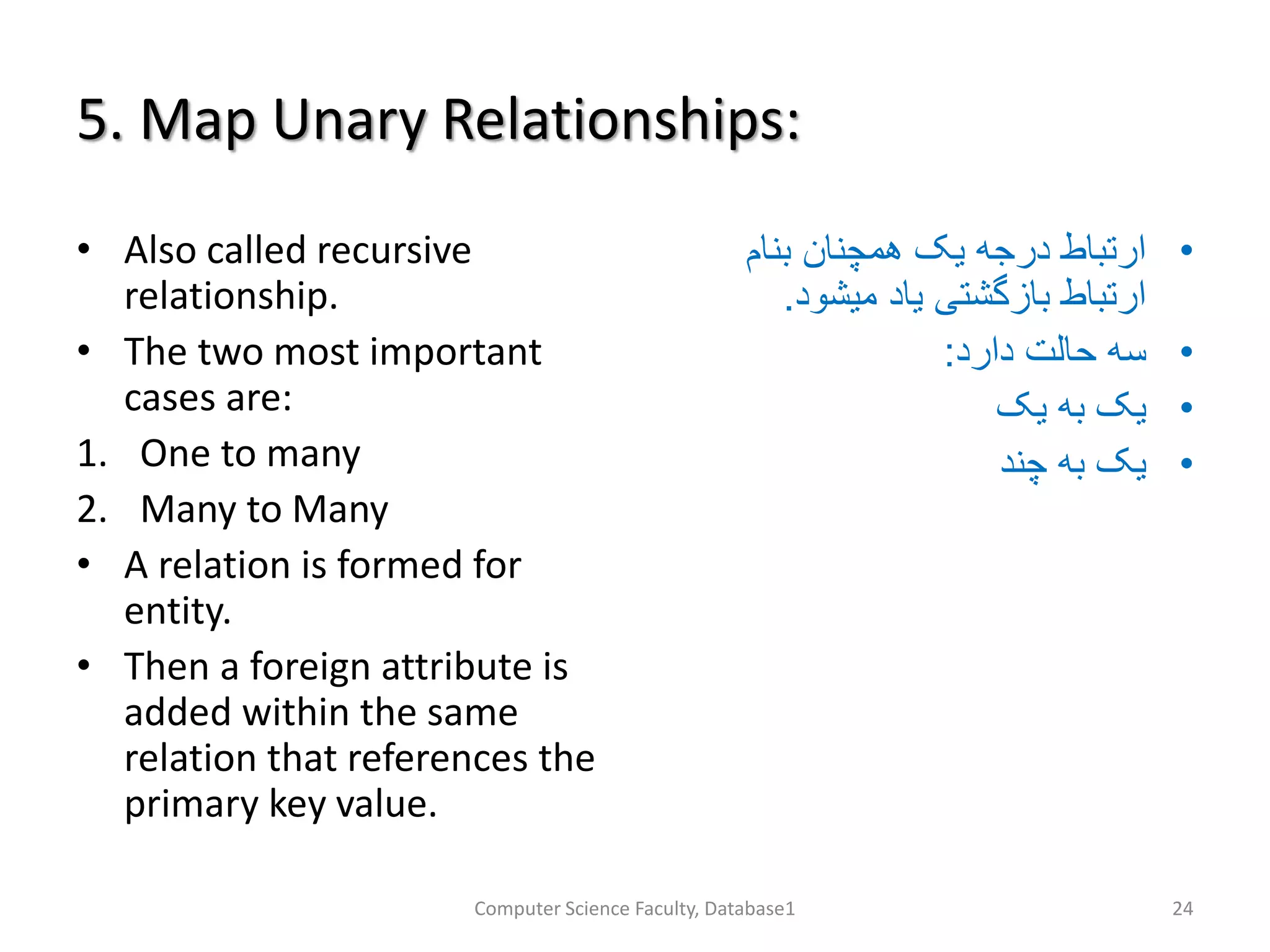 5. Map Unary Relationships:
• Also called recursive
relationship.
• The two most important
cases are:
1. One to many
2. Many to Many
• A relation is formed for
entity.
• Then a foreign attribute is
added within the same
relation that references the
primary key value.
•‫بنام‬ ‫همچنان‬ ‫یک‬ ‫درجه‬ ‫ارتباط‬
‫میشود‬ ‫یاد‬ ‫بازگشتی‬ ‫ارتباط‬.
•‫دارد‬ ‫حالت‬ ‫سه‬:
•‫یک‬ ‫به‬ ‫یک‬
•‫چند‬ ‫به‬ ‫یک‬
Computer Science Faculty, Database1 24
 